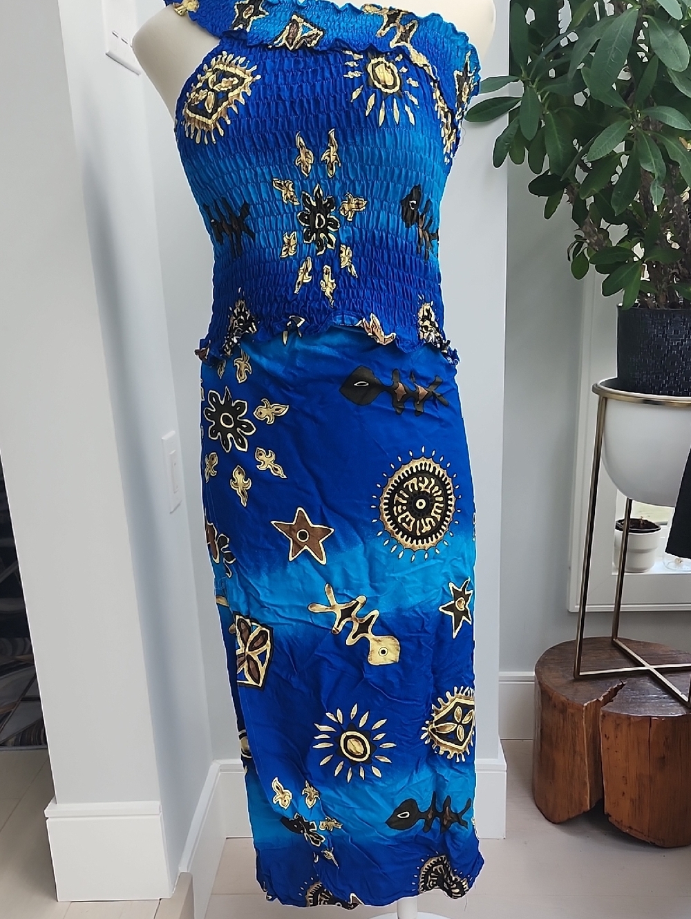 NWOT Blue Smocked 2 Pice Beach Coverup Bottom Gold Sun & Star Motifs Outfit